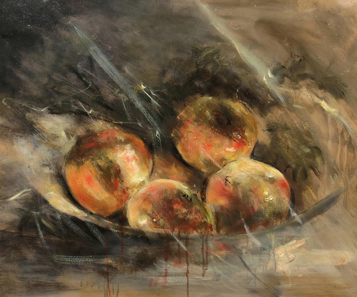 Granadas – Bodegón simbólico en óleo sobre madera – Figuración Expresiva Contemporánea – Jesnagar